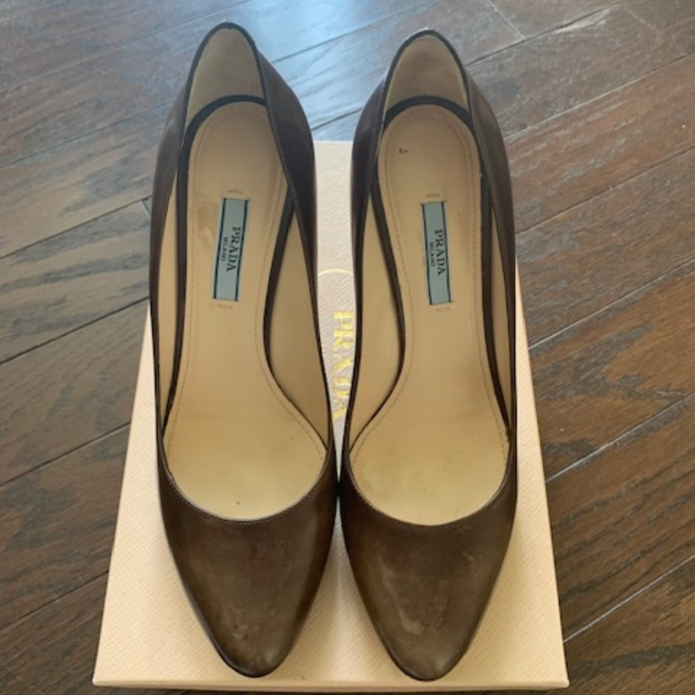 Prada Spazzolato Fume Brown Platform Pumps